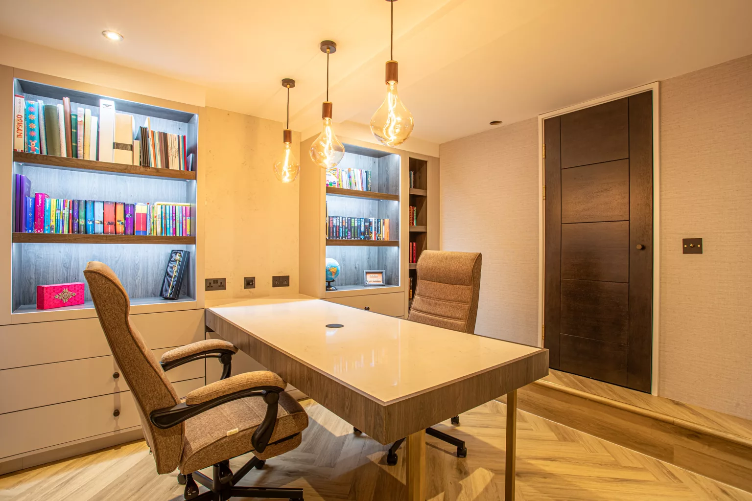 Luxurious office created in the basement of our clients home for a quiet and calm working environment.